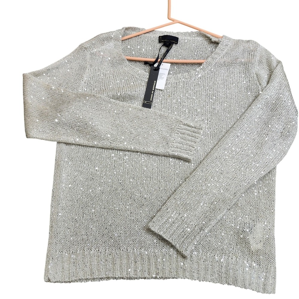 Jeans By Buffalo Sweater Womens Large White V Neck Sequin Knit Pullover Top